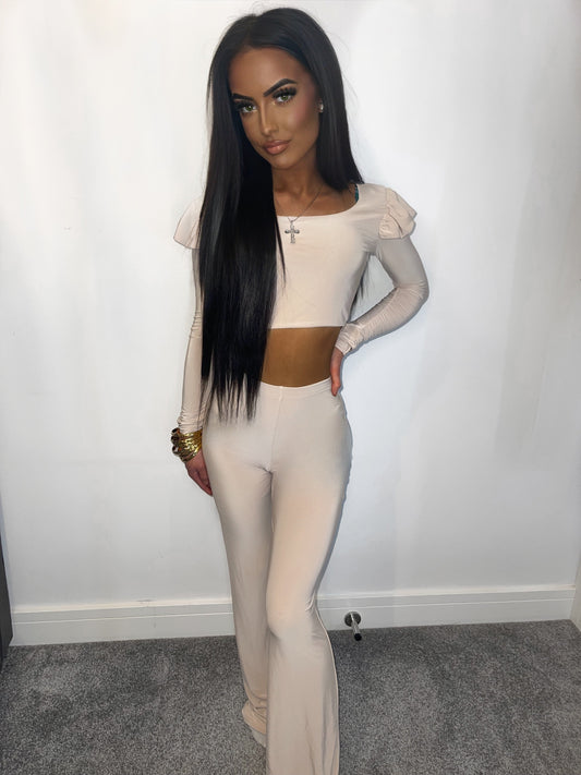 BEIGE FRILL SHOULDER LOUNGEWEAR SET